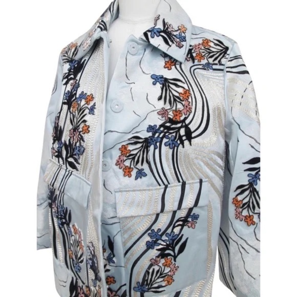 H&M CONSCIOUS Coat Jacket Blue Velvet Floral Embroidery Long Sleeve S BNWT - Picture 5 of 8